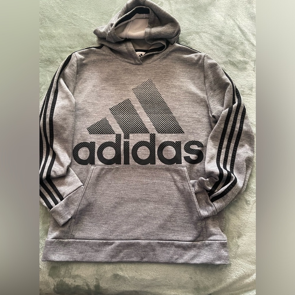 Adidas Size Youth XL 18/20 Tech Pullover Fleece Hoodie Gray w Black Stripes Logo